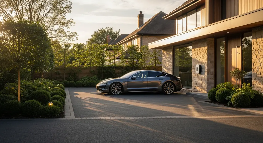 A discreet home EV charger beside a modern driveway